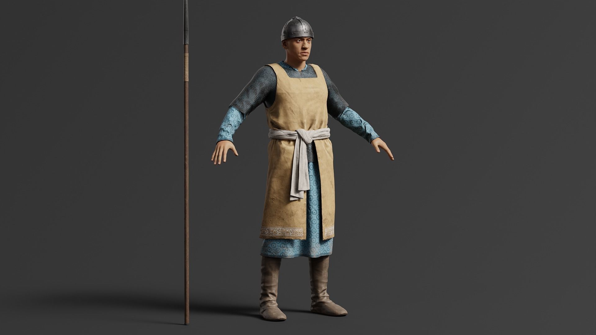 Medieval Southern Warrior Spearman 3D character model Low-poly 3D model_1