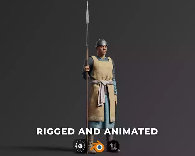 Medieval Southern Warrior Spearman 3D character model Low-poly 3D model