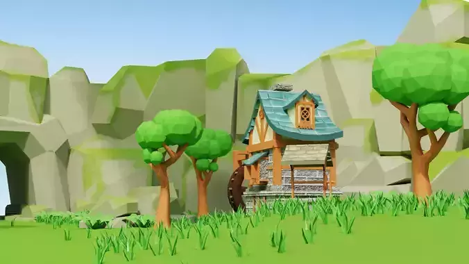 lush green valley stylized 3d scene