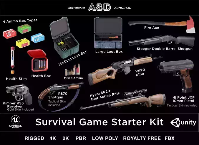 Game Ready Survival Game Starter Kit PBR Rigged Low-poly 3D model