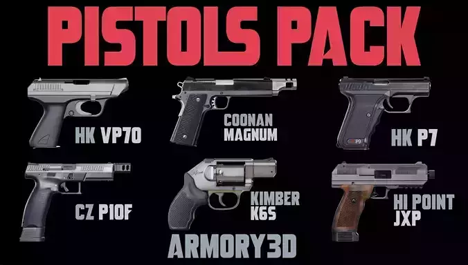 Game Ready Pistol Bundle PBR Rigged Low-poly 3D model
