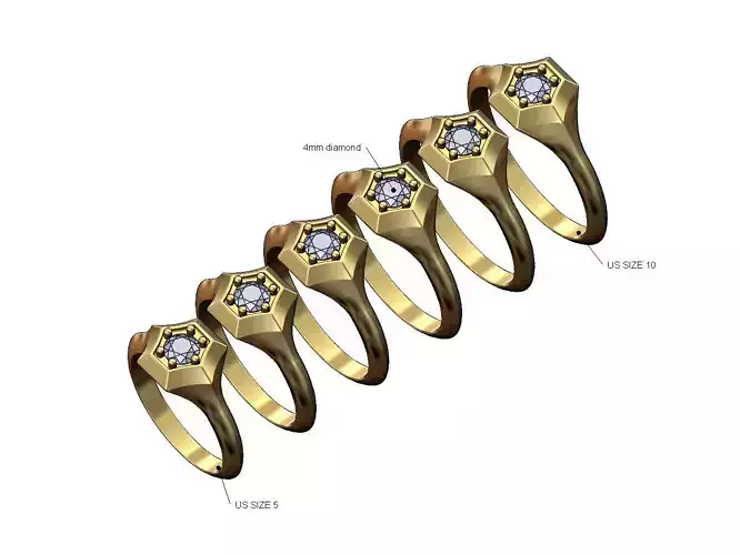 4mm diamond chamfred hexagonal star signet ring US sizes 5to10