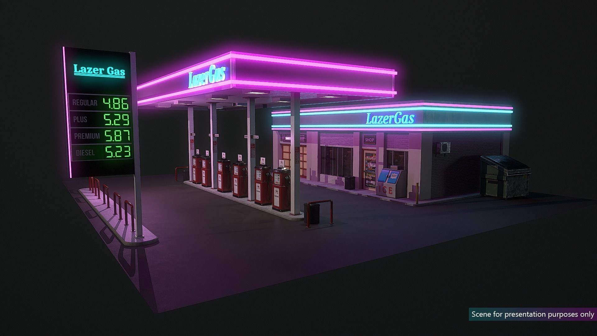 Low Poly 80s Gas Station Low-poly 3D model_1