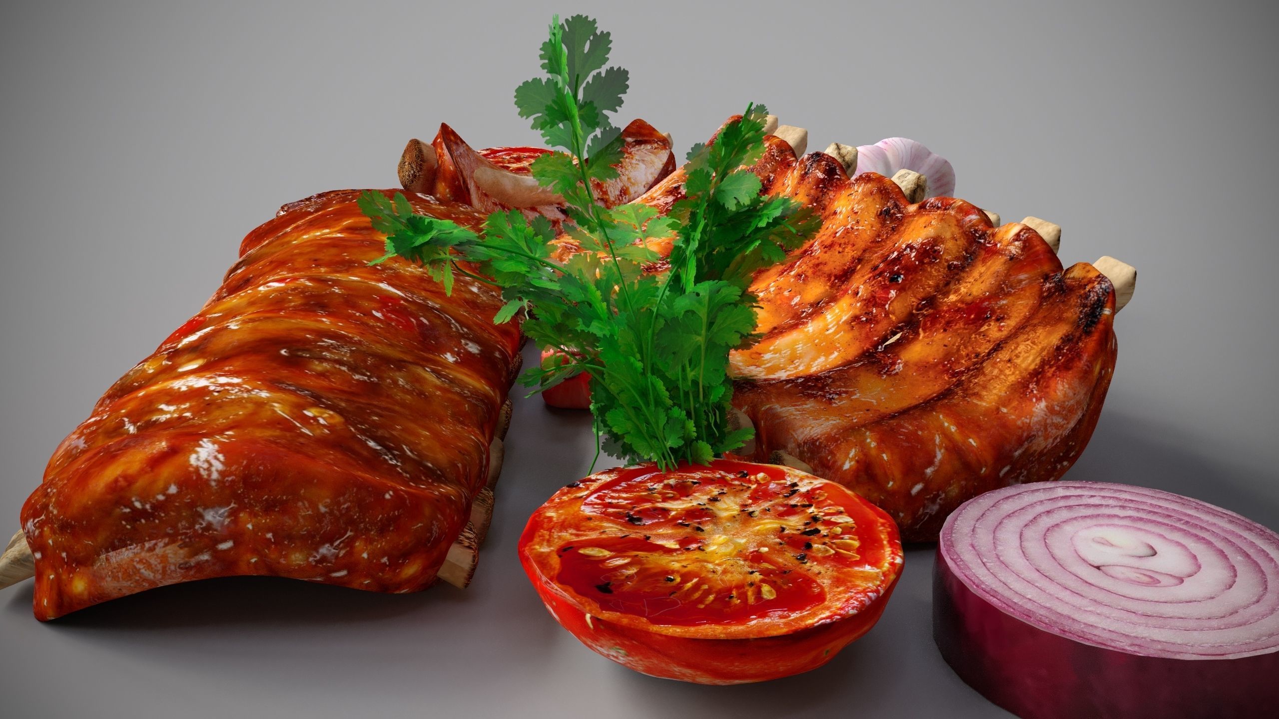 Grilled ribs in sauce with vegetables 3D model_4
