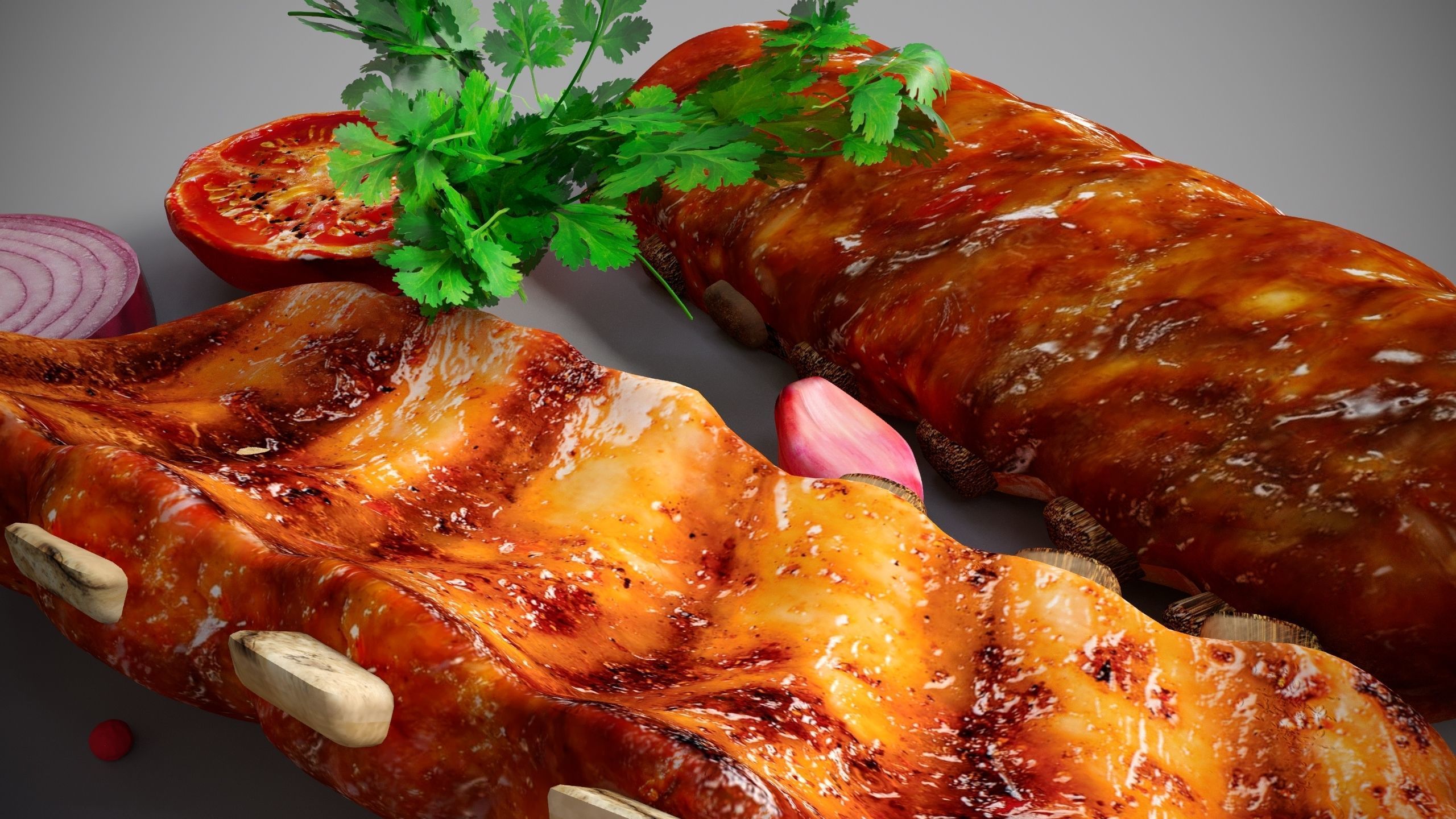 Grilled ribs in sauce with vegetables 3D model_5