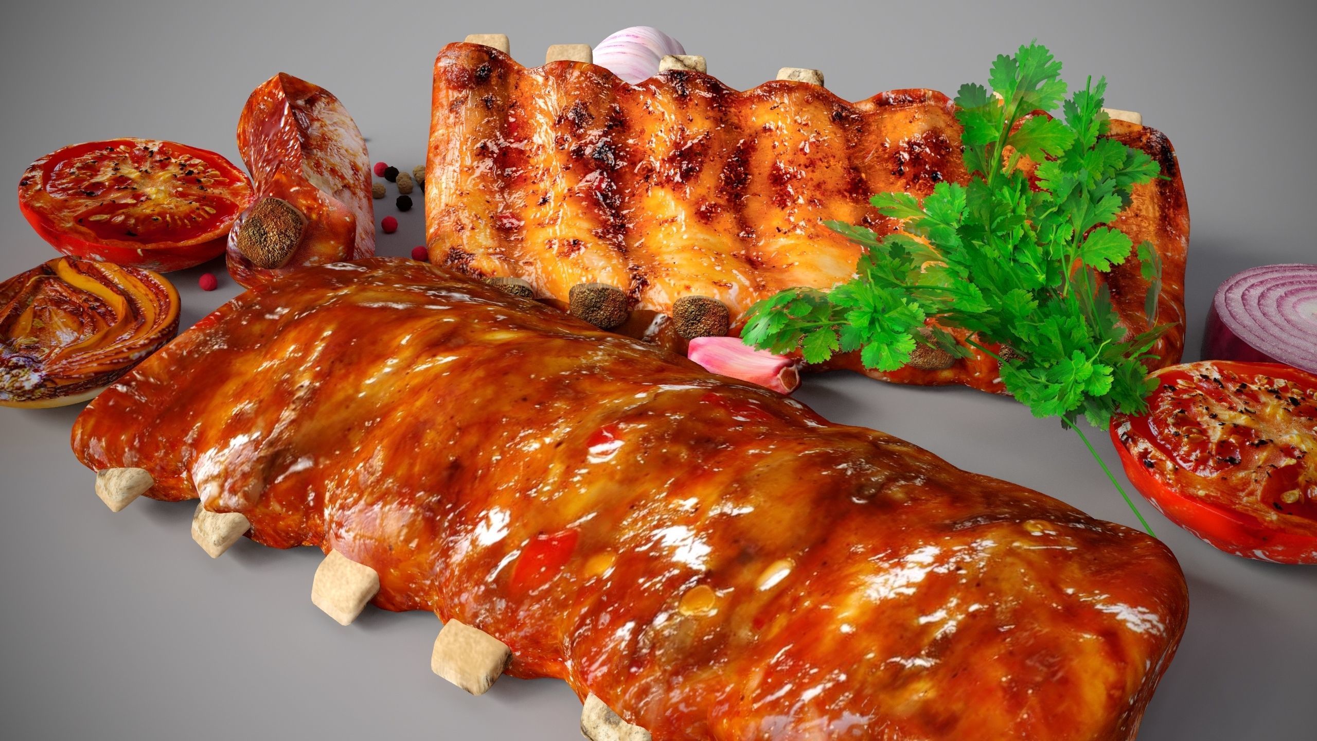 Grilled ribs in sauce with vegetables 3D model_3