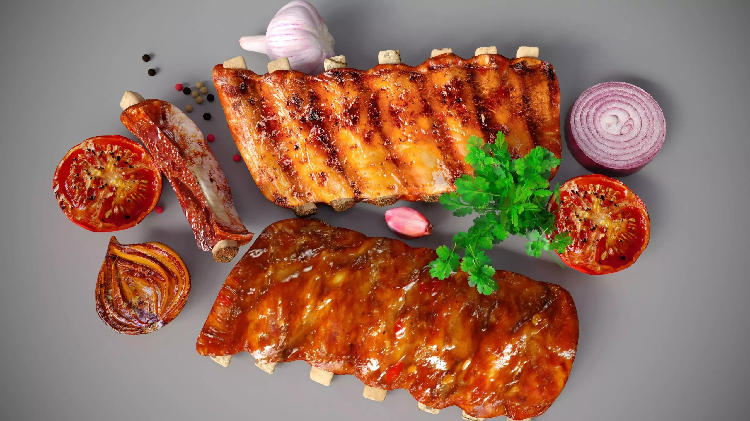 Grilled ribs in sauce with vegetables 3D model_0