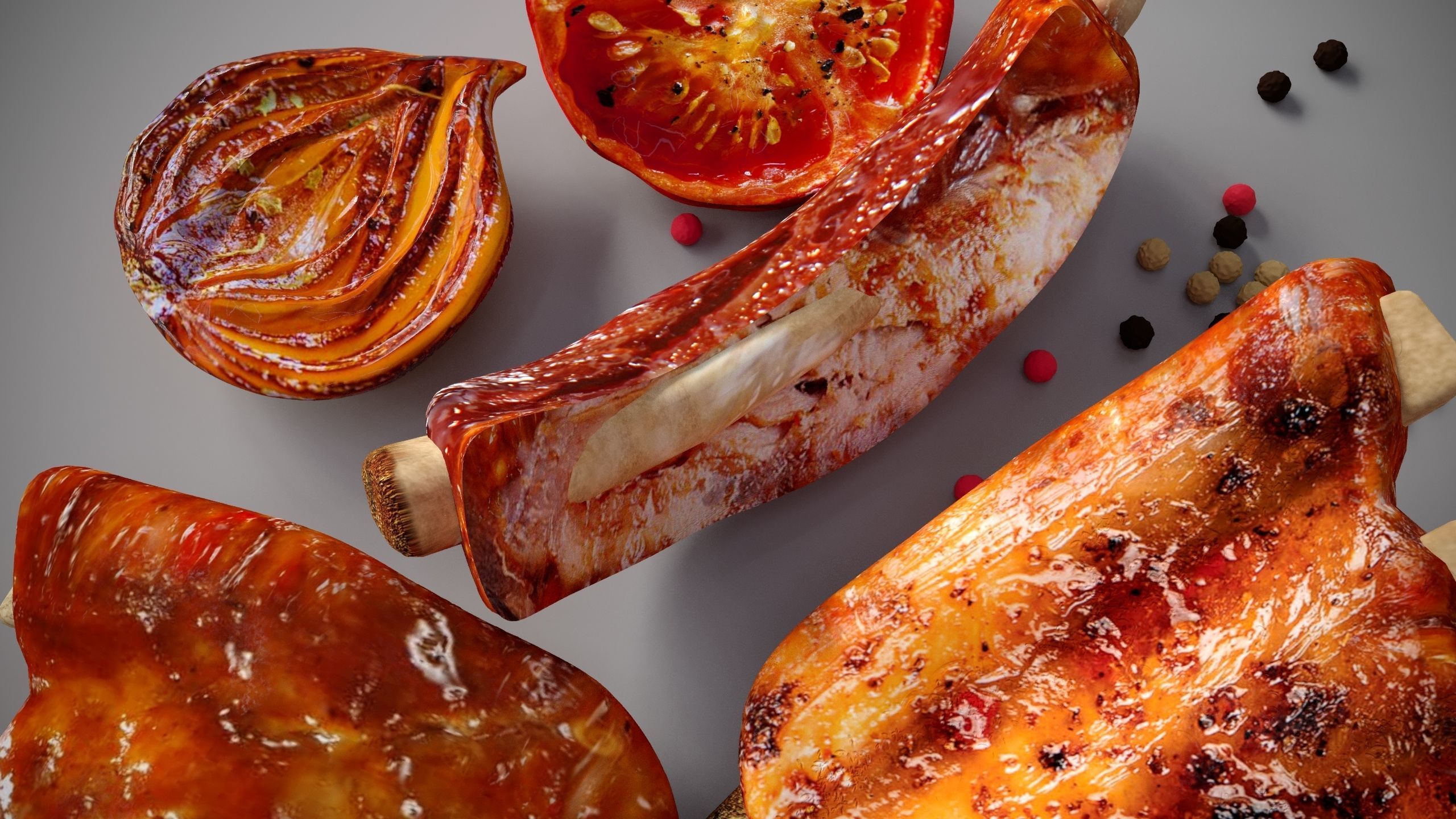 Grilled ribs in sauce with vegetables 3D model_1