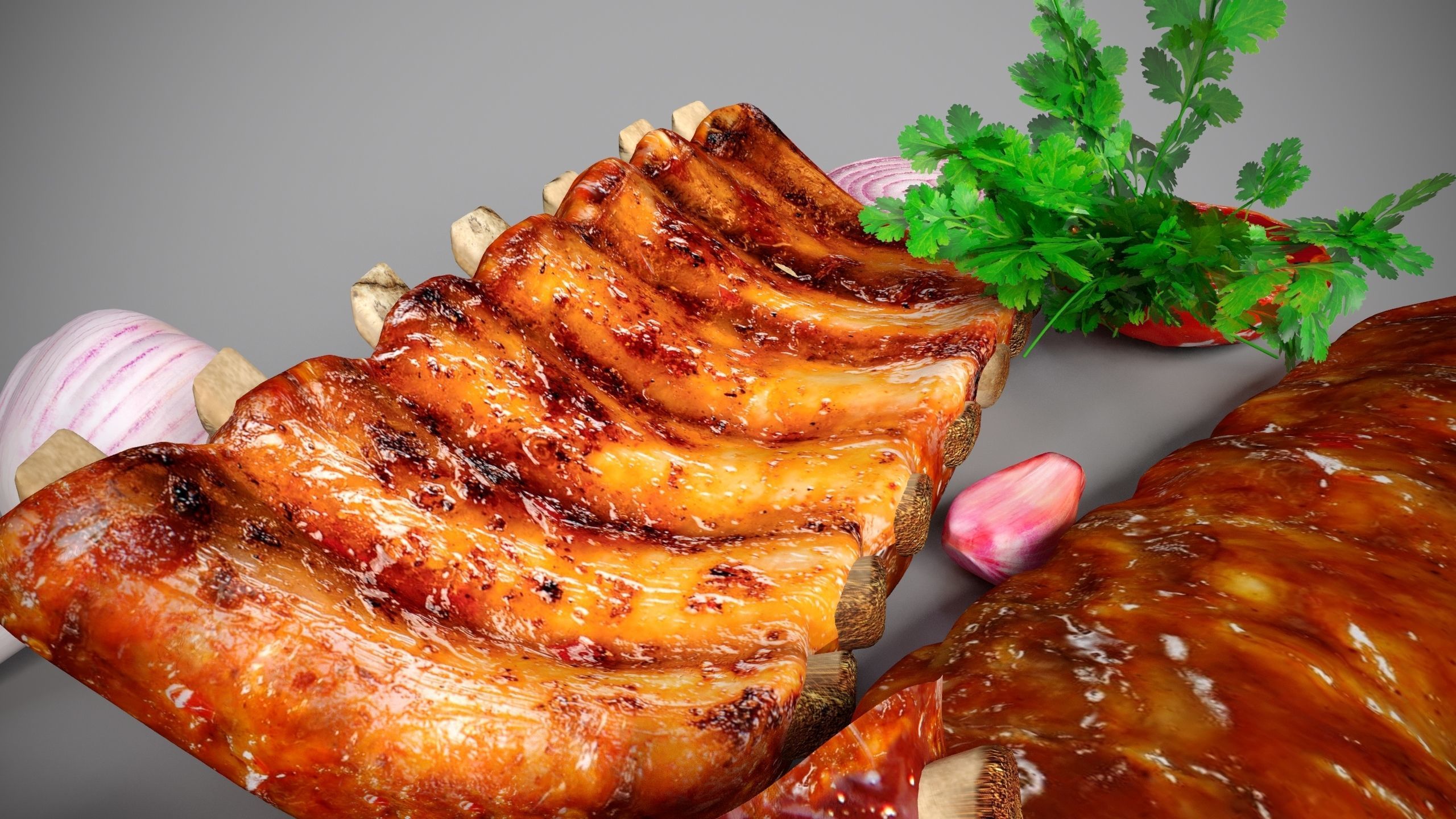 Grilled ribs in sauce with vegetables 3D model_2