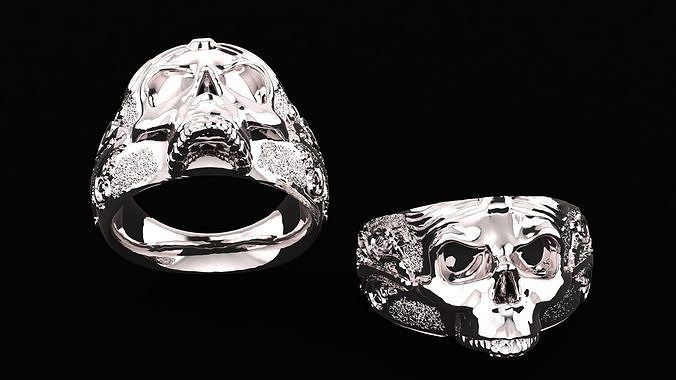 Detailed  SIlver Skull Ring 3D Model Mens ring Print Ready  3D print model