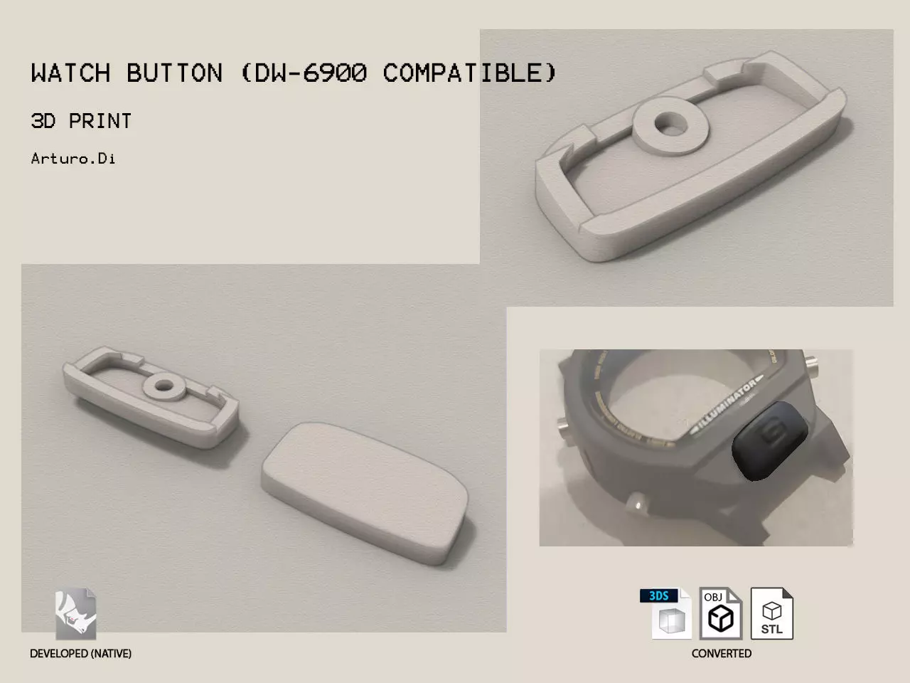Plastic button for watch DW-6900 compatible 3D print model_0