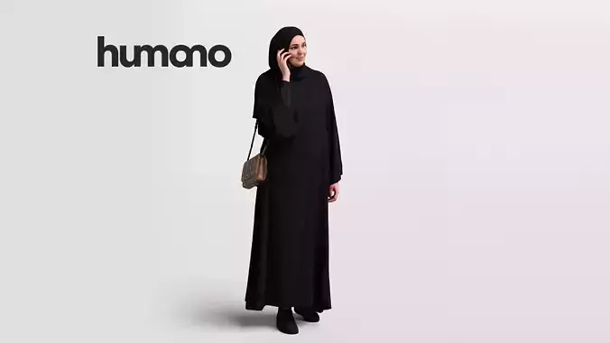 Humano Arab woman in hijab walking talking phone-2404-085-6158