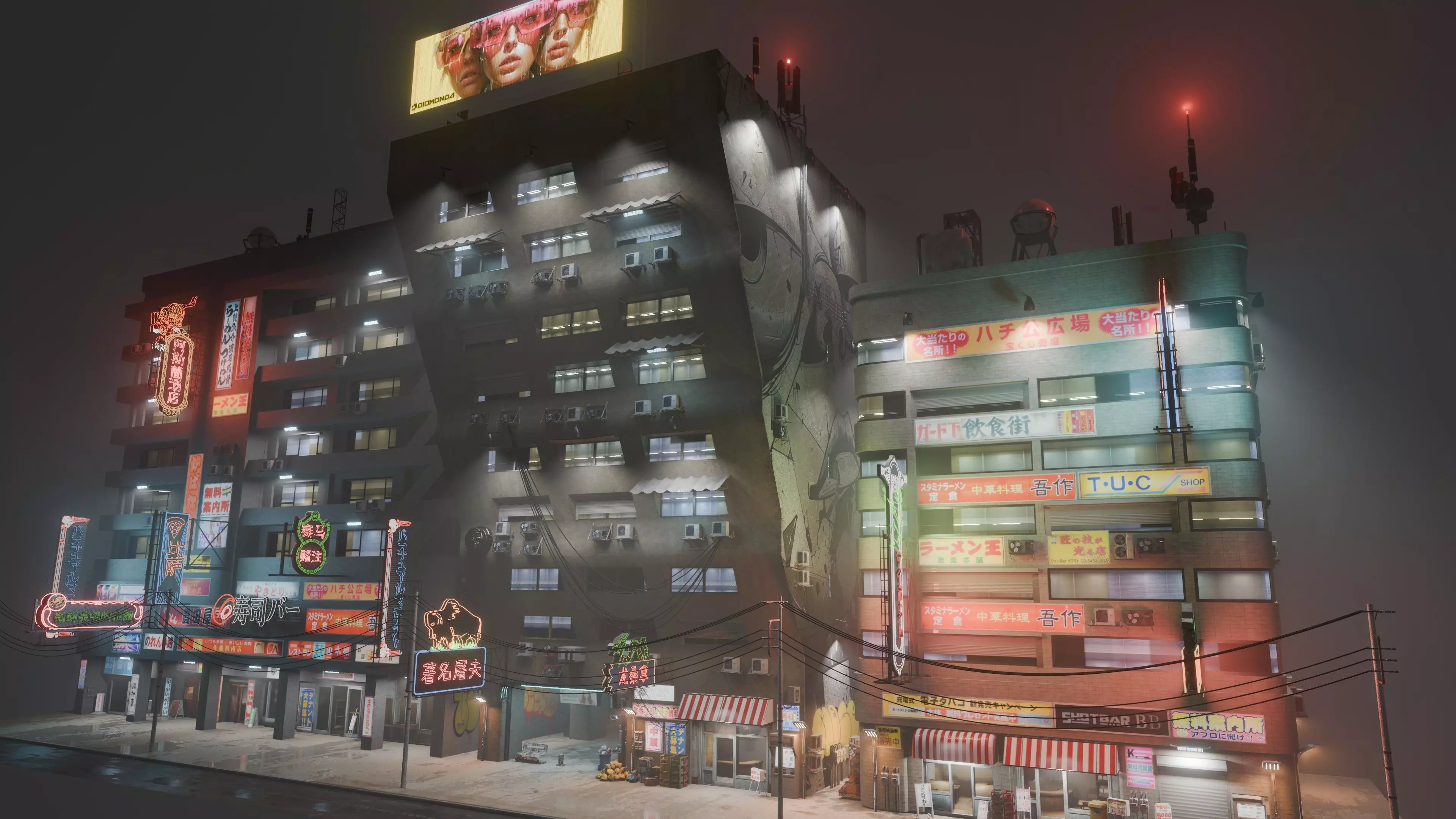 Cyberpunk Street And Shops Neon Light Low-poly 3D model