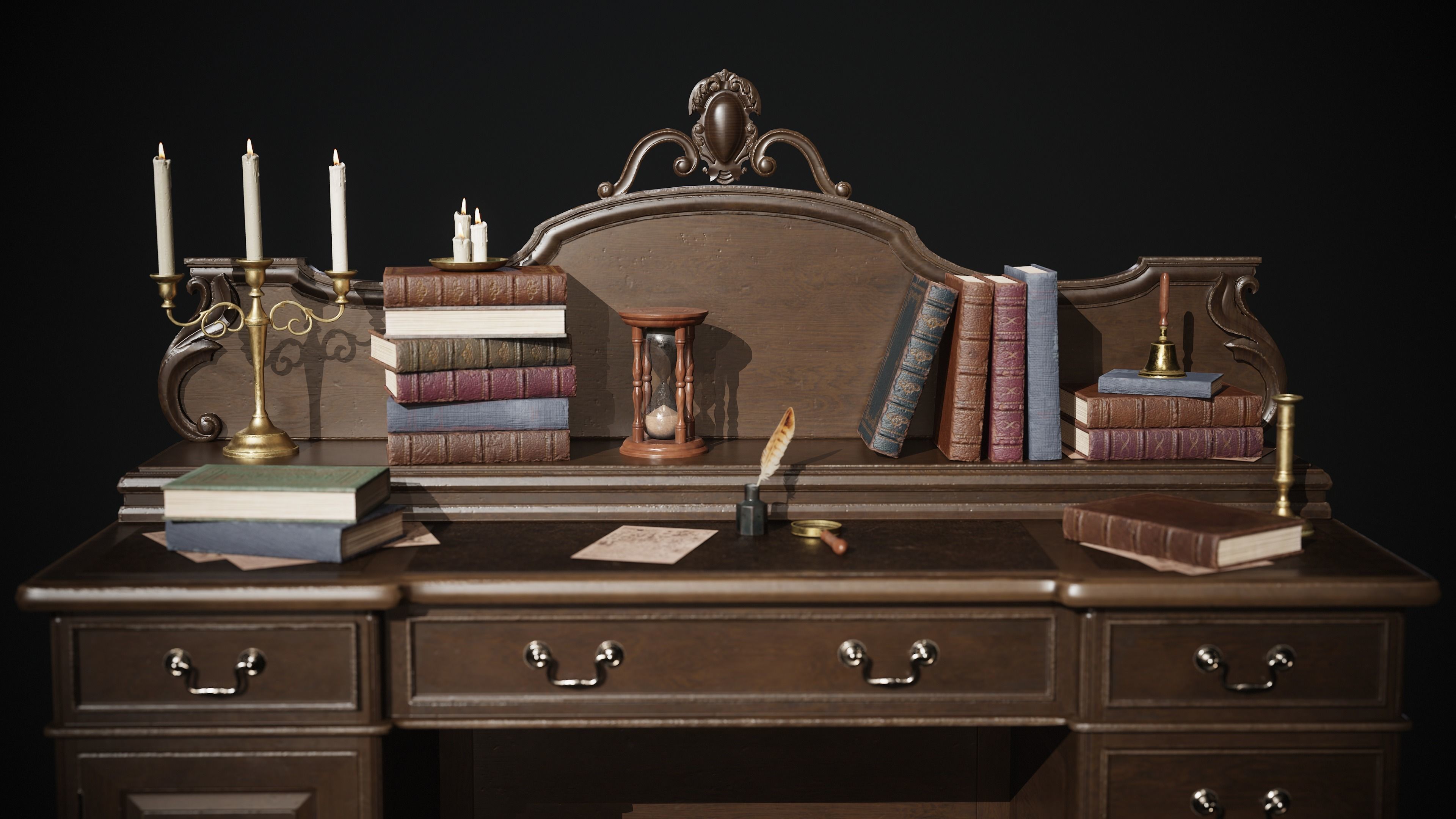 Grand Victorian Desk with Props Low-poly 3D model_2