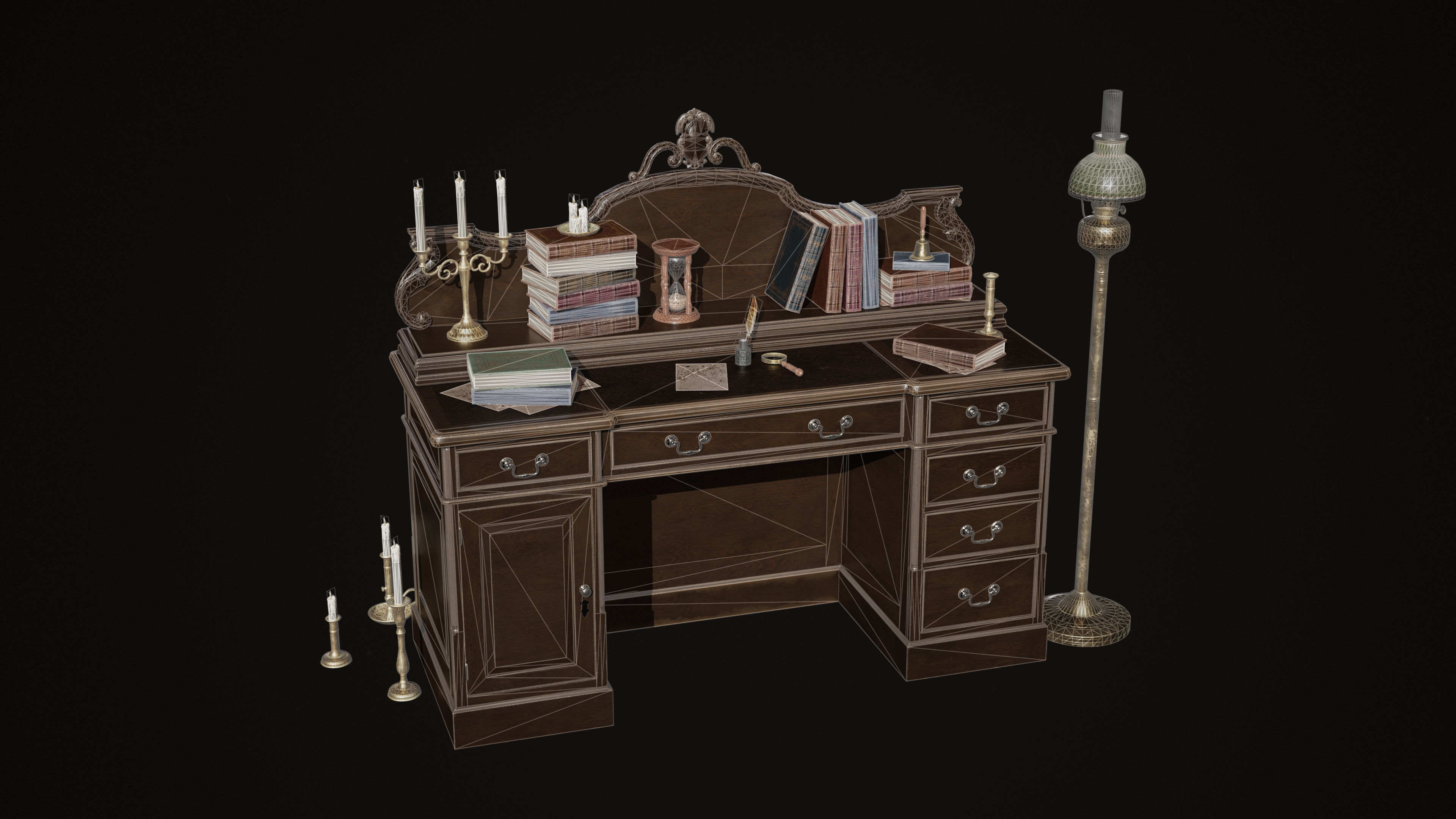 Grand Victorian Desk with Props Low-poly 3D model_14