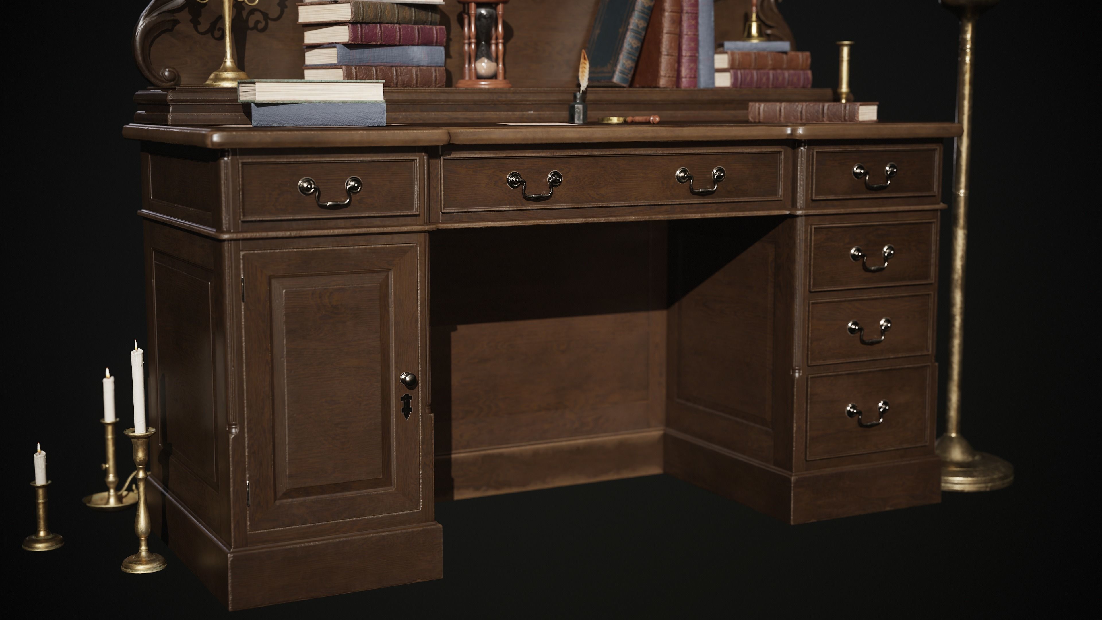 Grand Victorian Desk with Props Low-poly 3D model_5