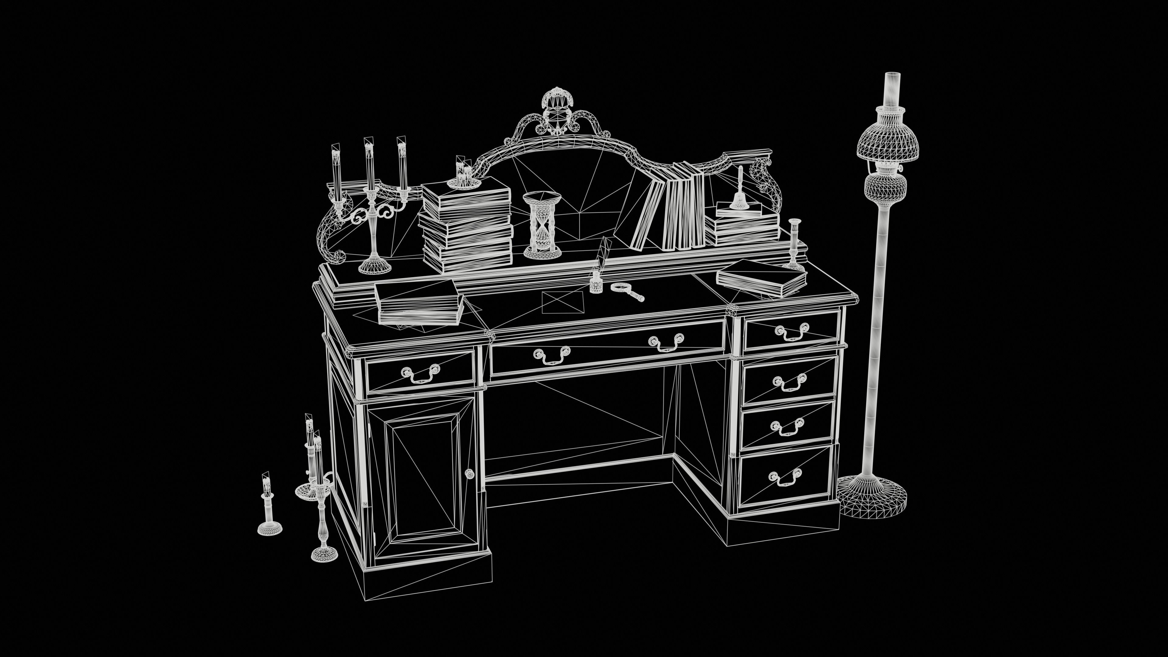Grand Victorian Desk with Props Low-poly 3D model_15