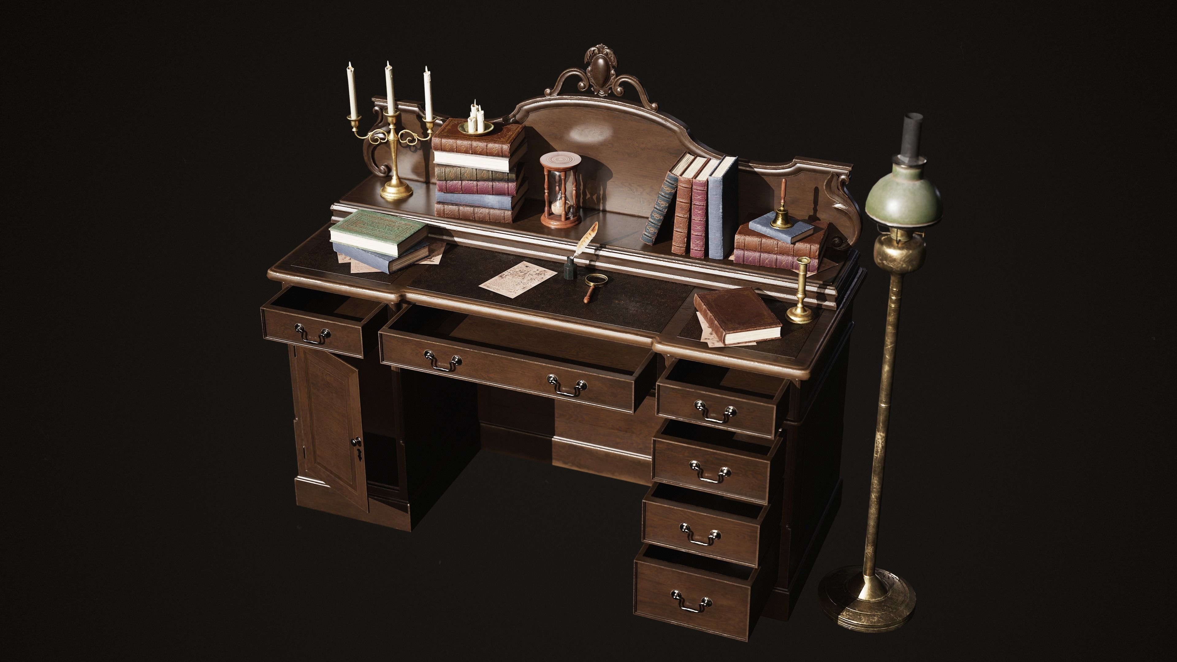 Grand Victorian Desk with Props Low-poly 3D model_11