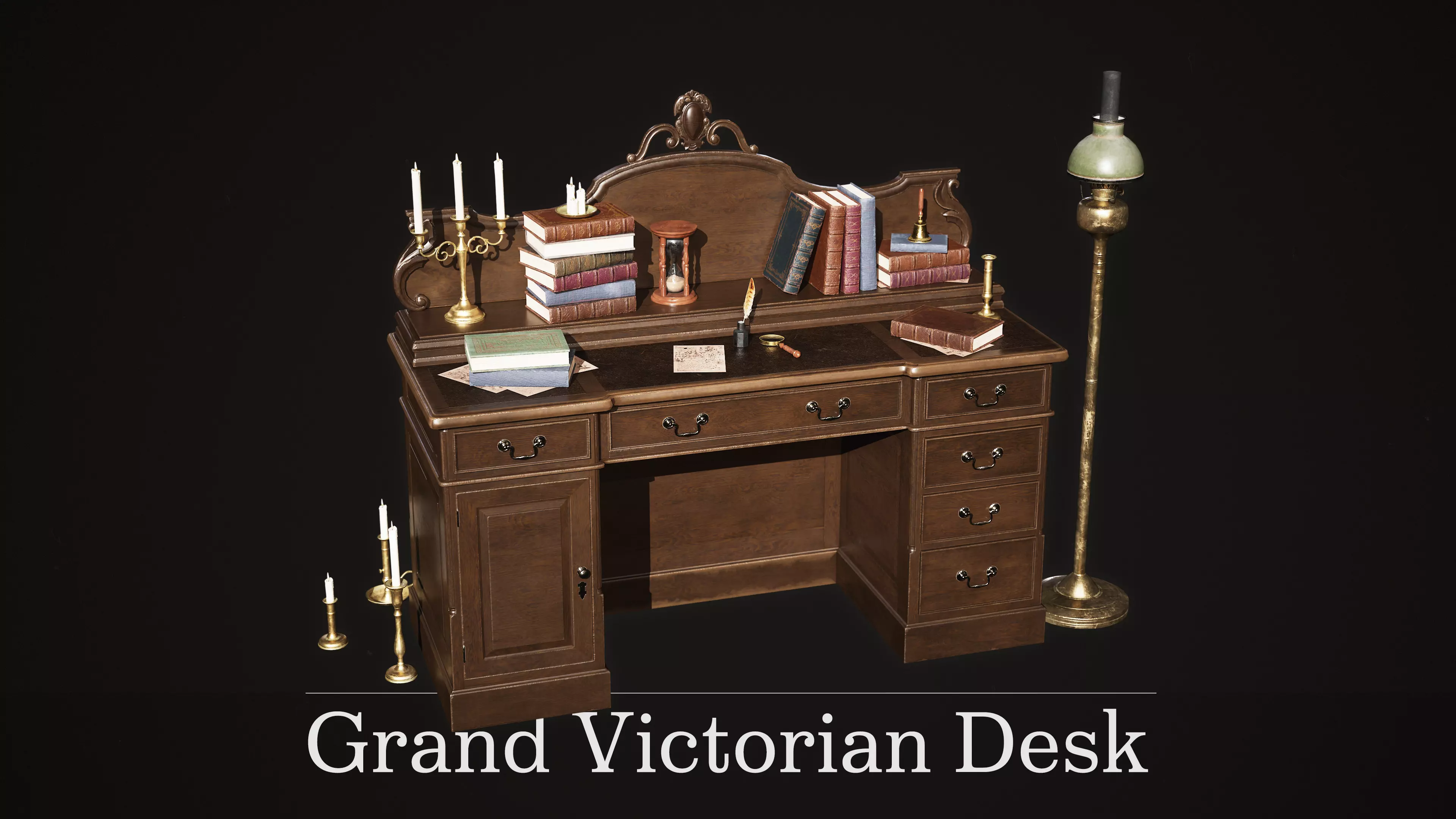 Grand Victorian Desk with Props Low-poly 3D model_0