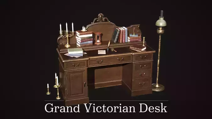 Grand Victorian Desk with Props Low-poly 3D model