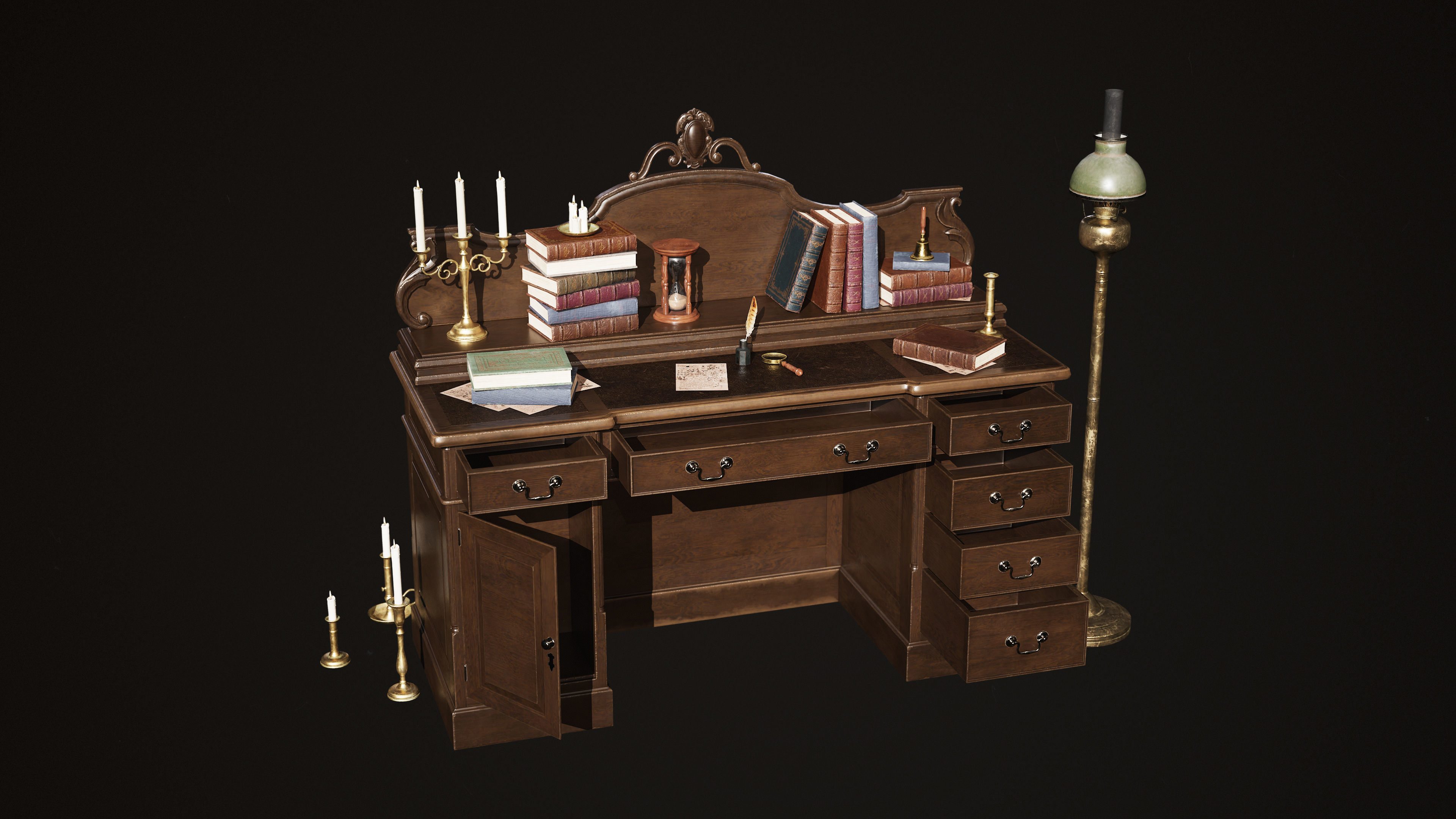 Grand Victorian Desk with Props Low-poly 3D model_3