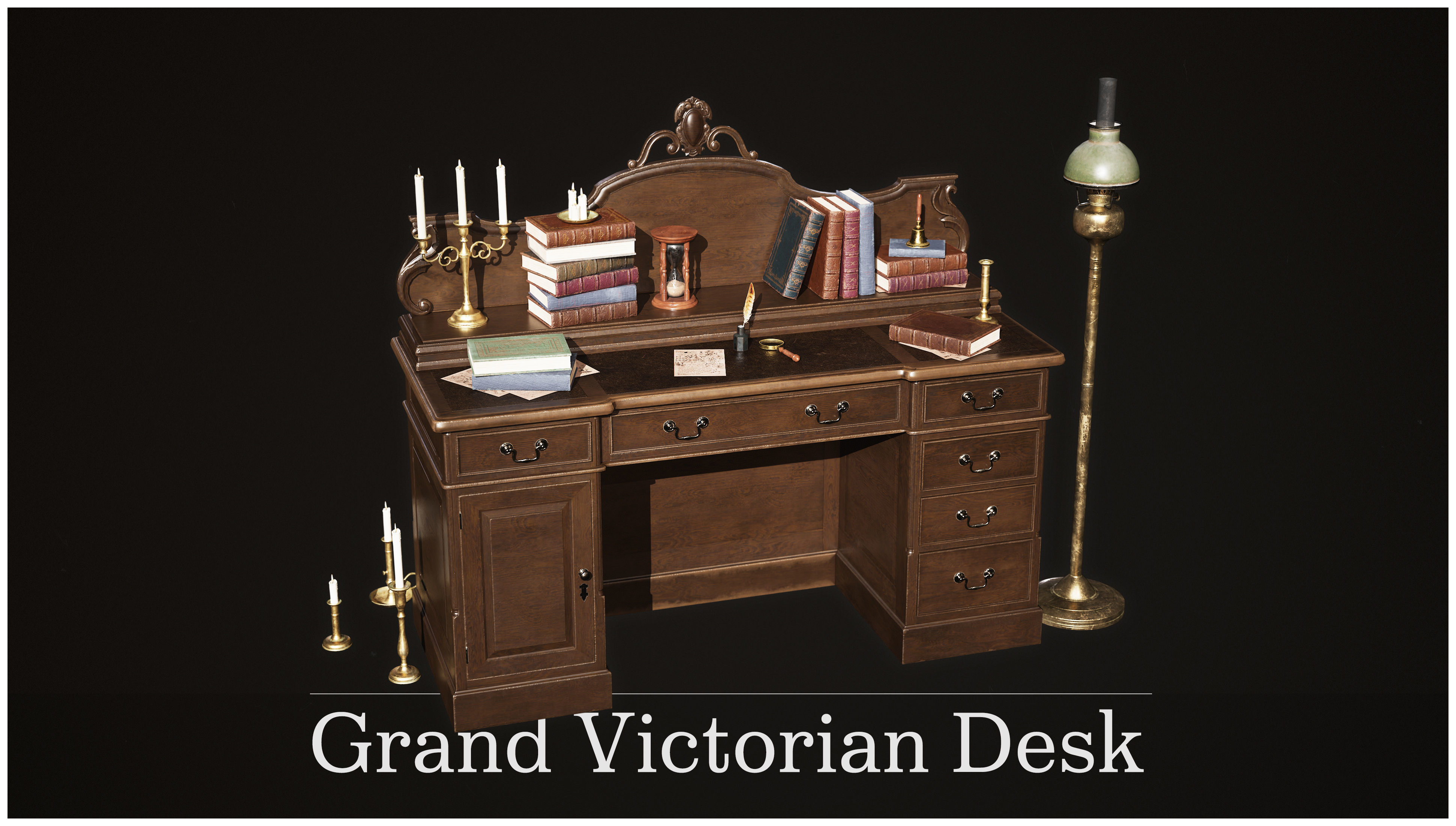 Grand Victorian Desk with Props Low-poly 3D model_16