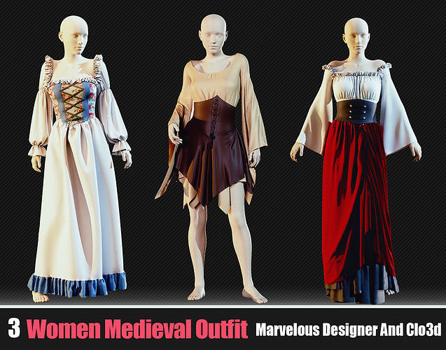 3 Women Medieval Outfits In Marvelous Designer  3D model