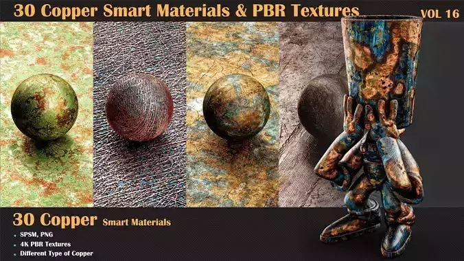 30 Copper Smart Materials and PBR Textures - Vol 16  