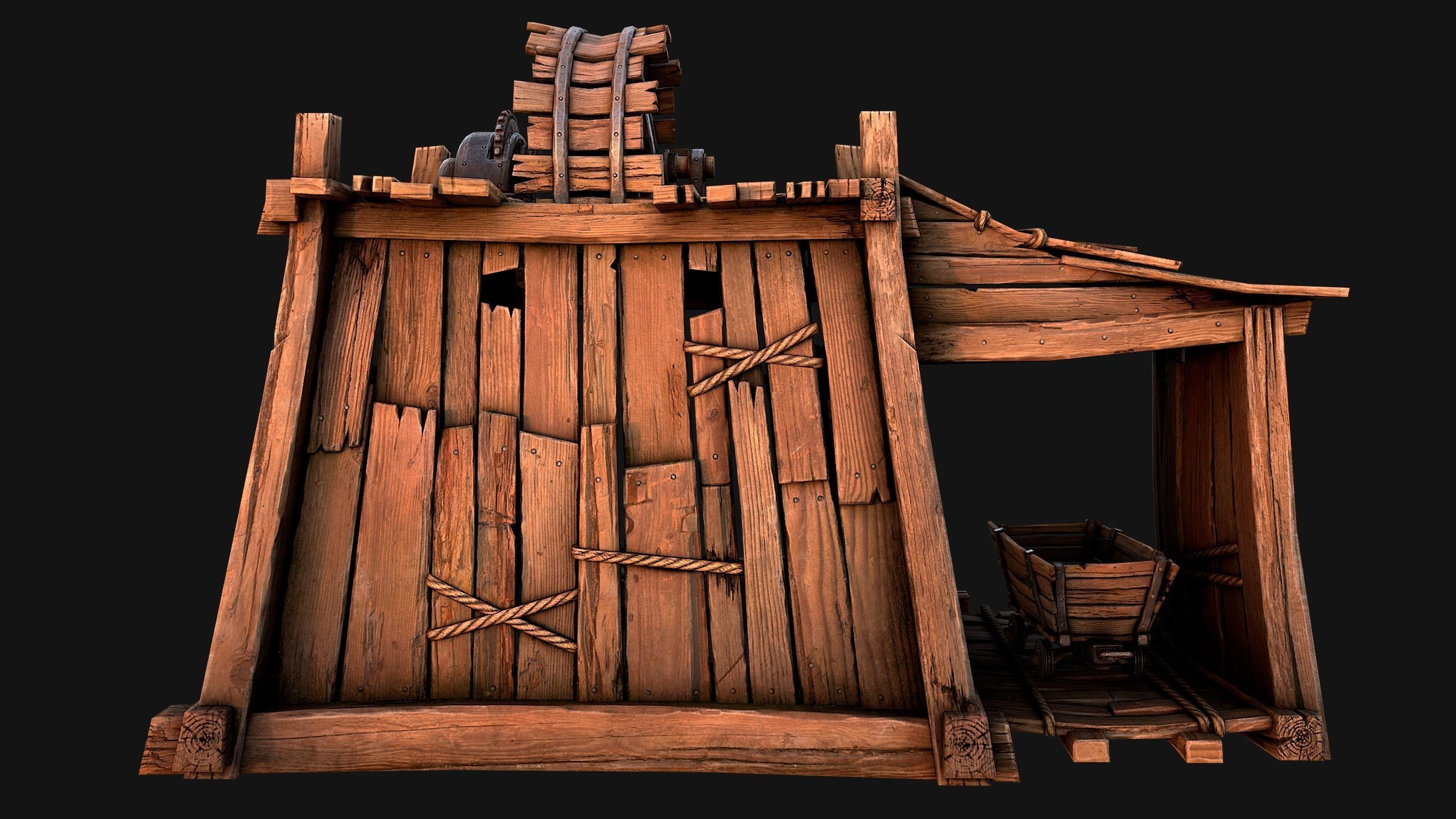 Medieval Wooden Mine and Excavator Ore Low-poly 3D model_19