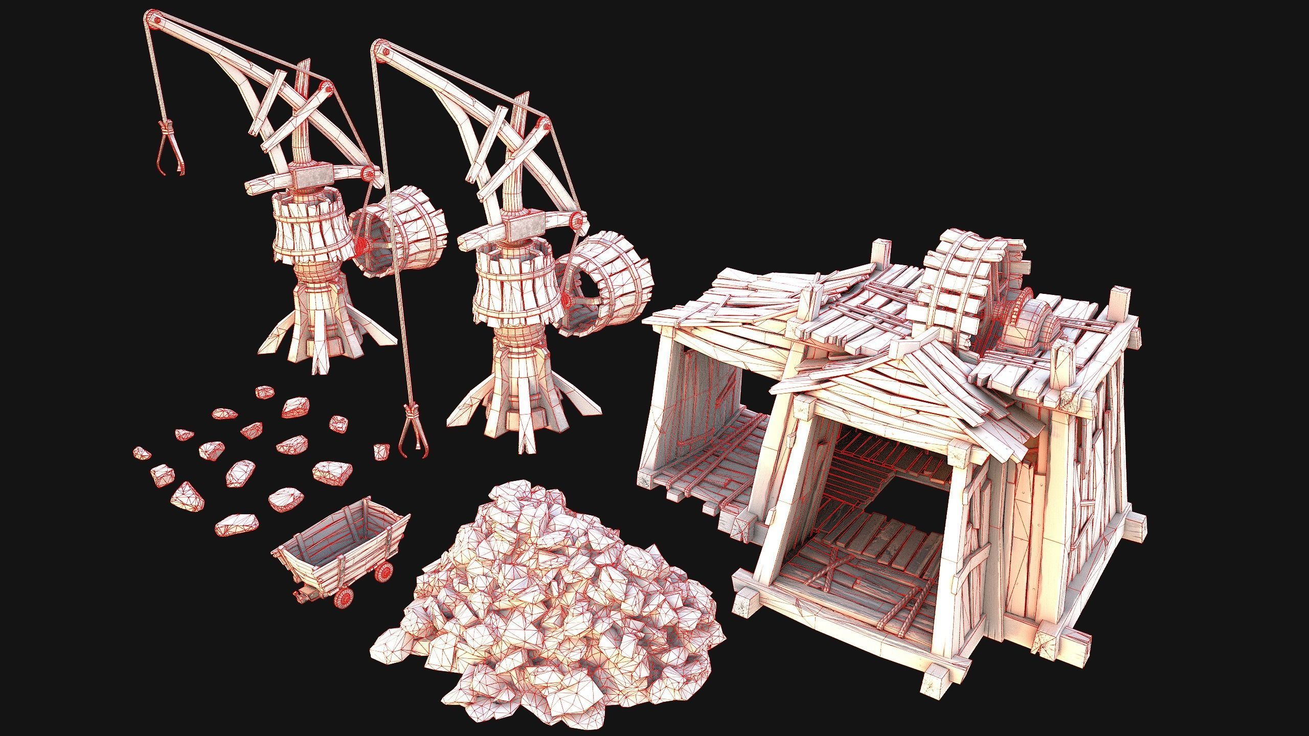 Medieval Wooden Mine and Excavator Ore Low-poly 3D model_34