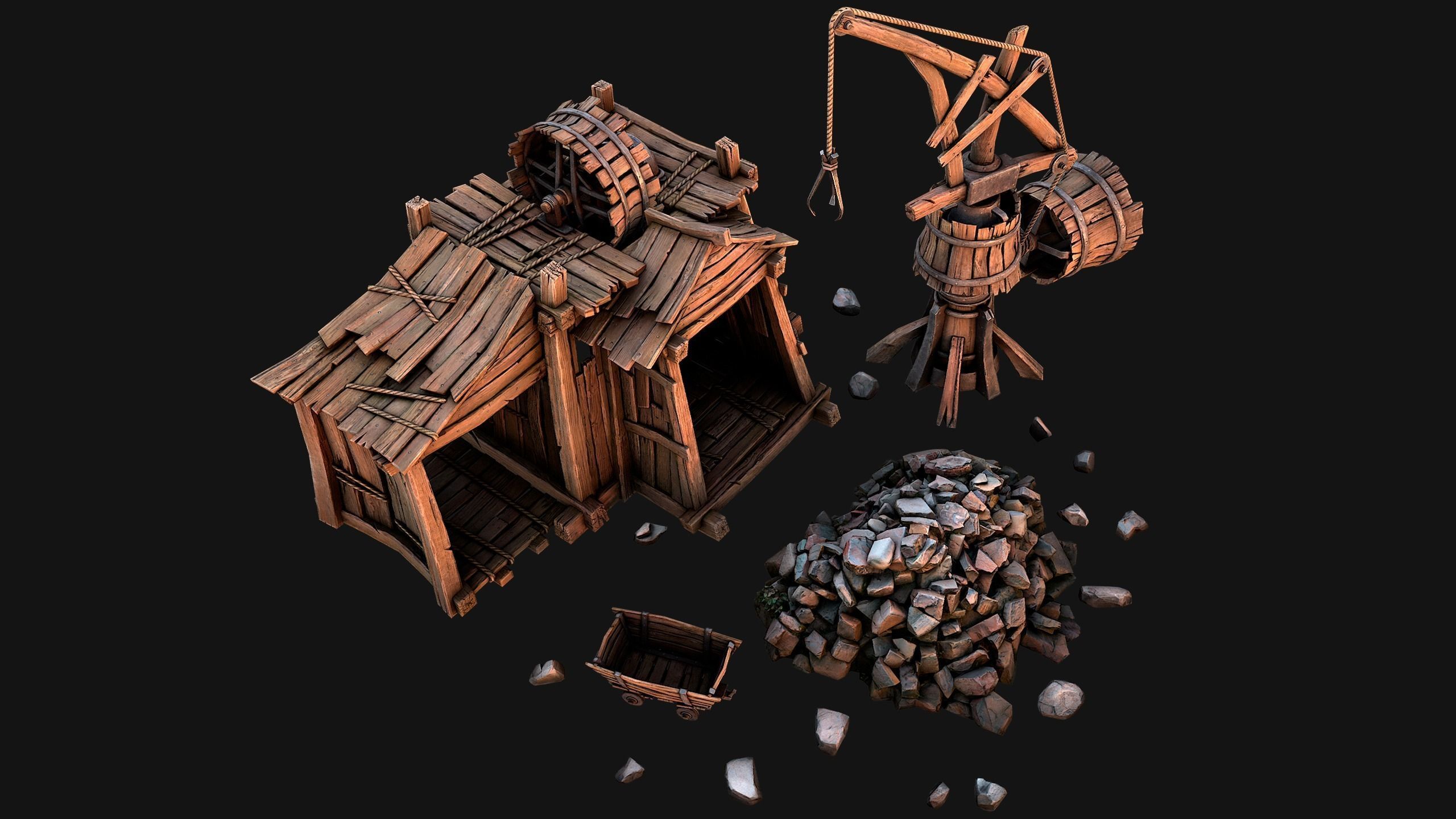 Medieval Wooden Mine and Excavator Ore Low-poly 3D model_9