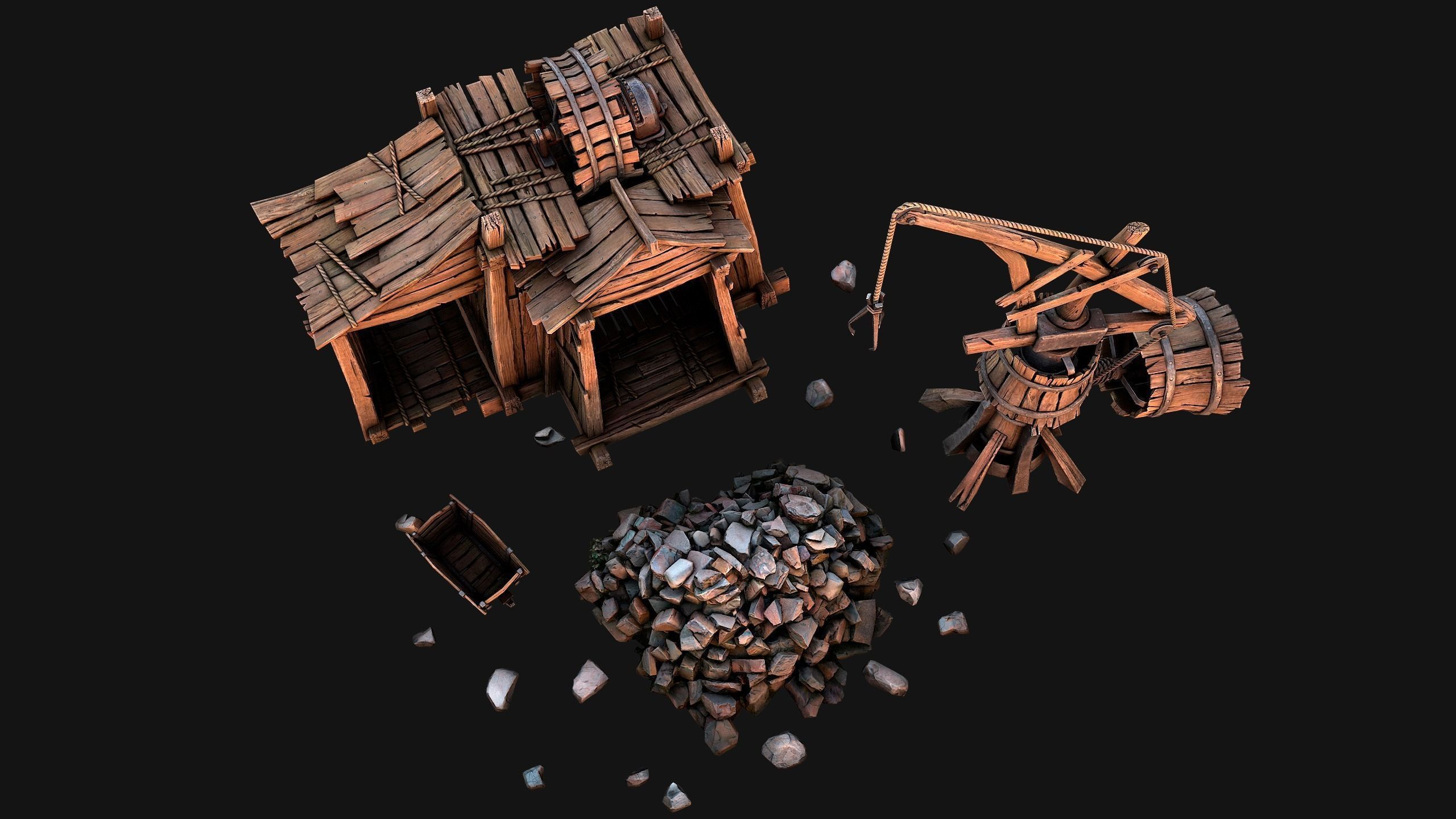 Medieval Wooden Mine and Excavator Ore Low-poly 3D model_13
