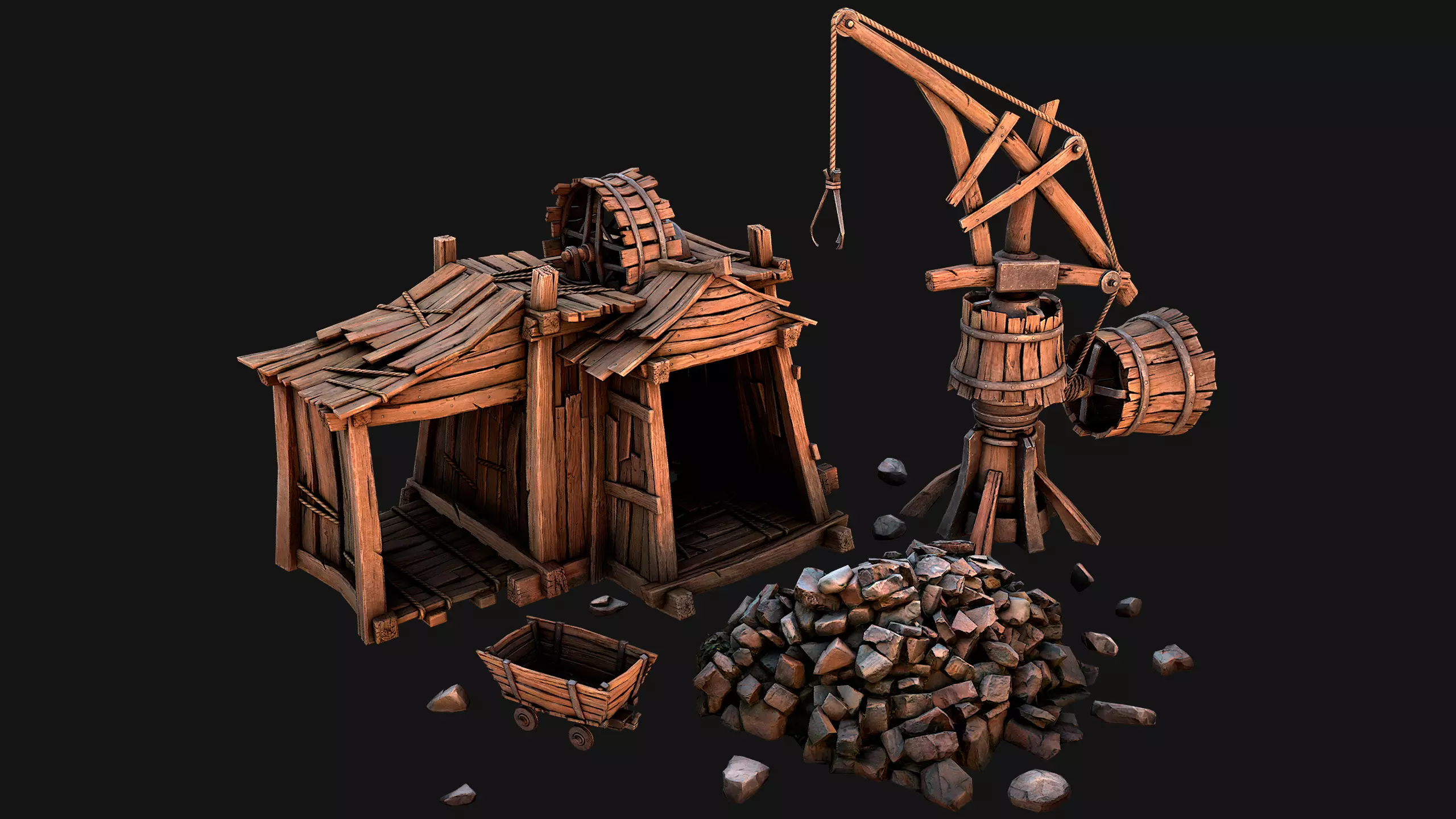 Medieval Wooden Mine and Excavator Ore Low-poly 3D model_0