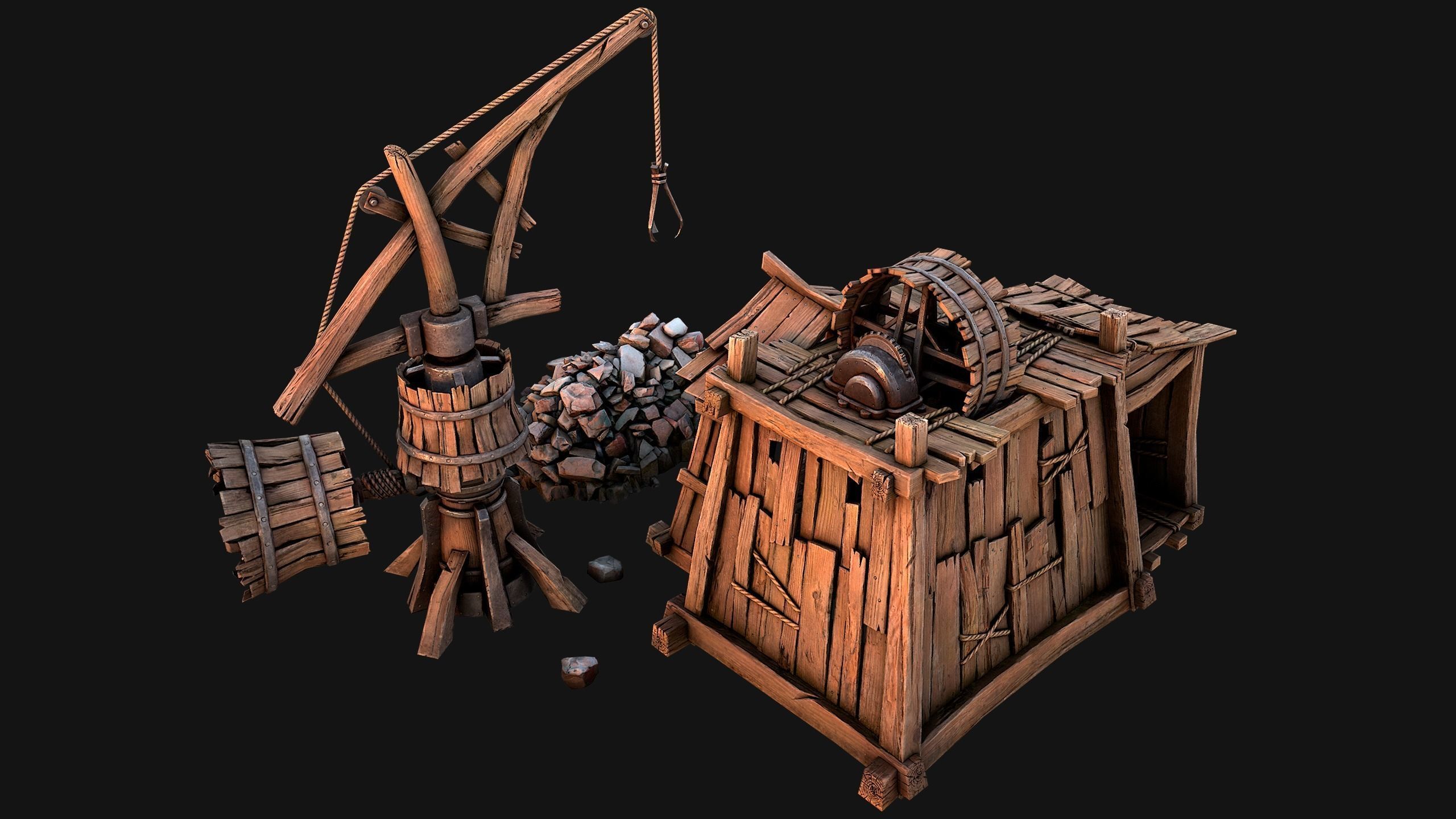 Medieval Wooden Mine and Excavator Ore Low-poly 3D model_11