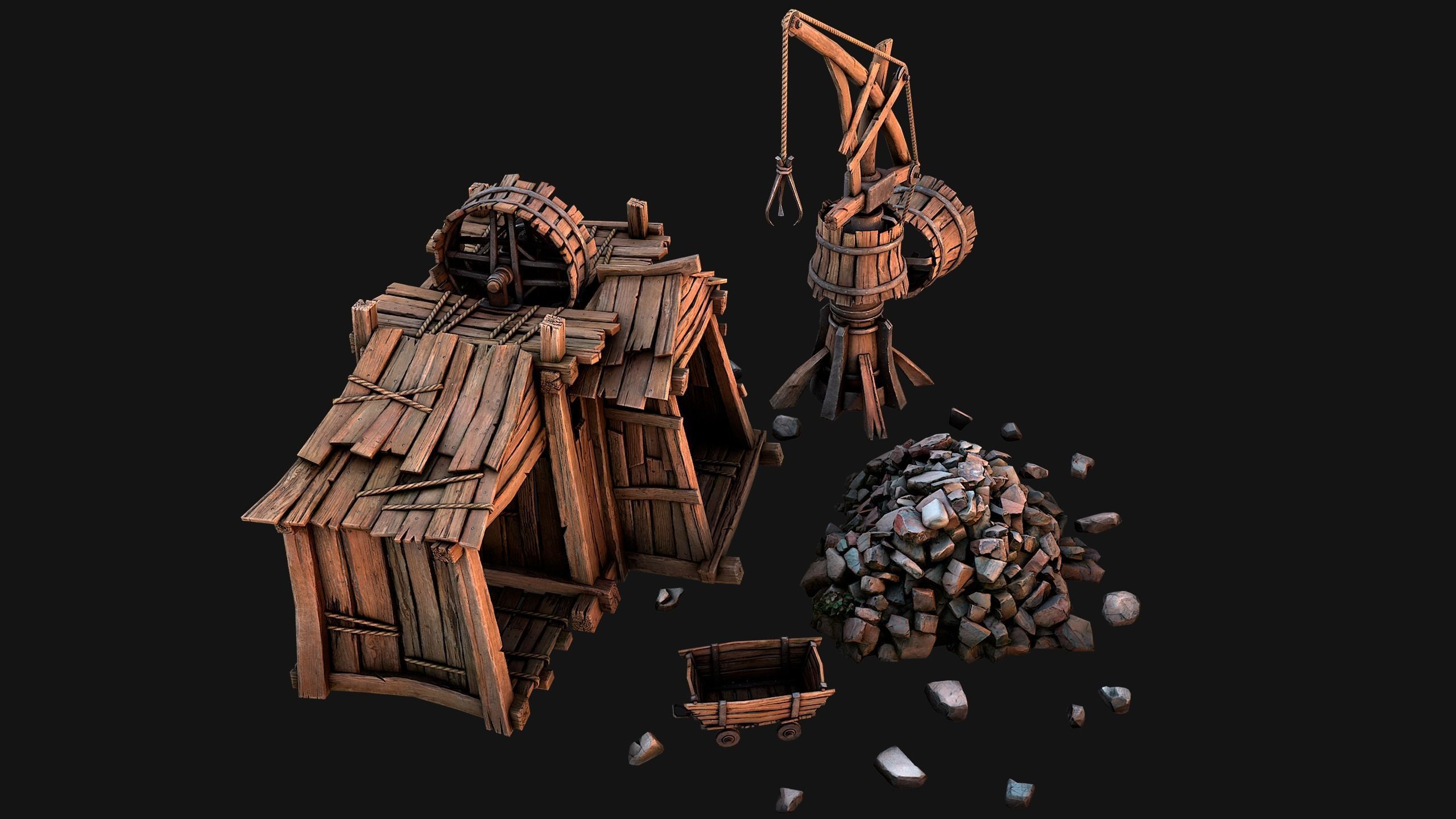 Medieval Wooden Mine and Excavator Ore Low-poly 3D model_10