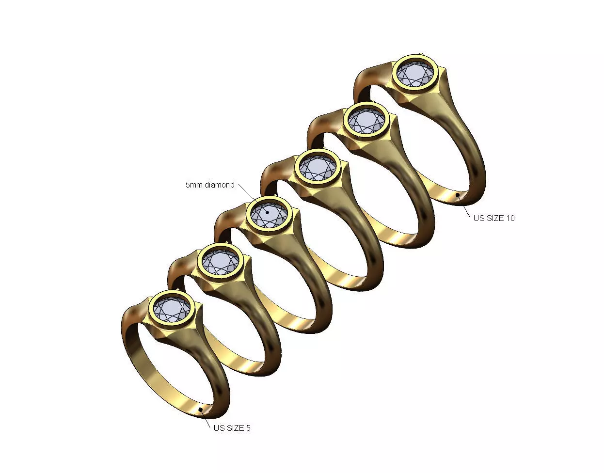 Bezel set 5mm solitaire hexagonal star signet US sizes 5to10 3D print model_0