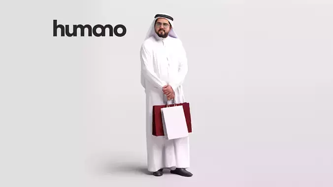Humano Arab man in thobe standing shopping bags- 2405-065-7119 3D model Humano Arab man in thobe standing shopping bags- 2405-065-7119 3D model