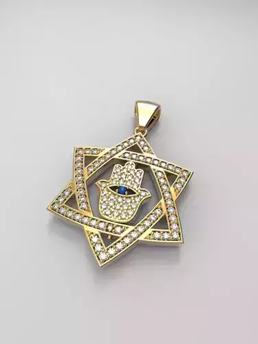 Gold pendant with a hamza hand inside a Star of David 3D model 