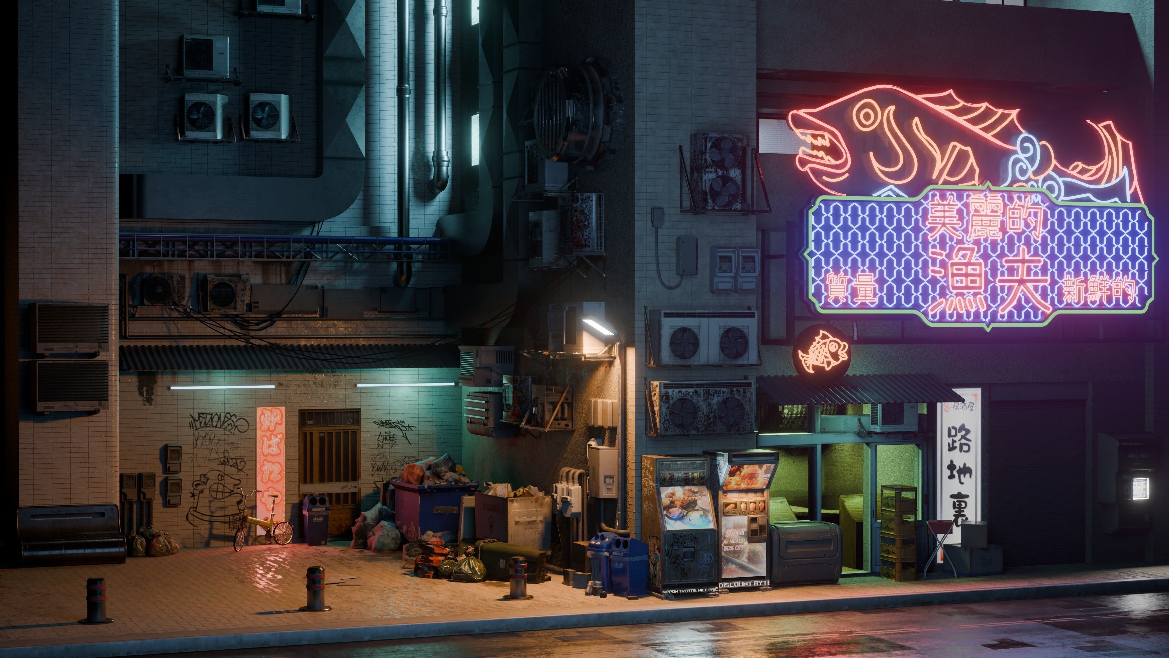 Fish Shop And Garbage Dump Cyberpunk Street Low-poly 3D model_9