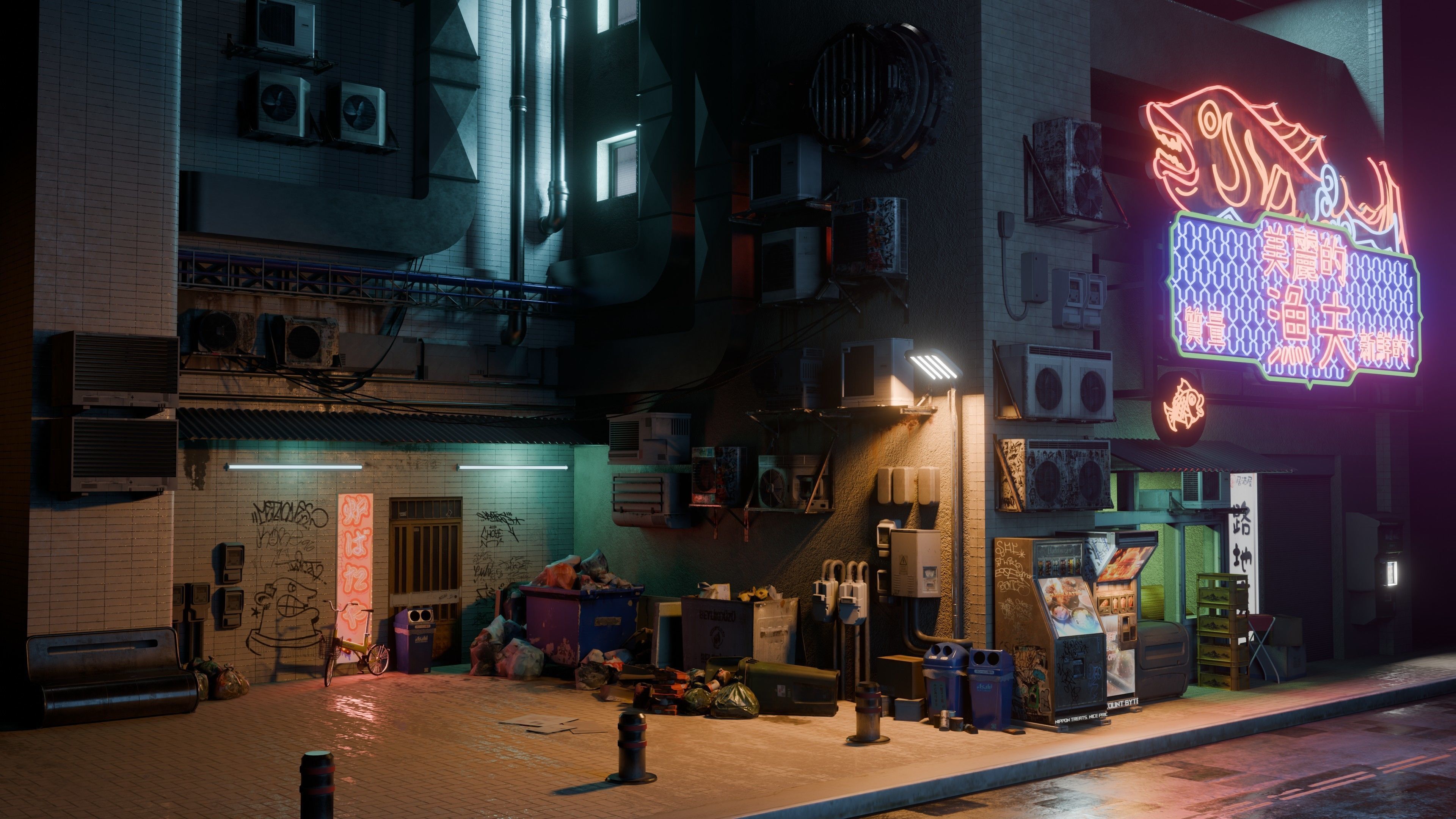 Fish Shop And Garbage Dump Cyberpunk Street Low-poly 3D model_10