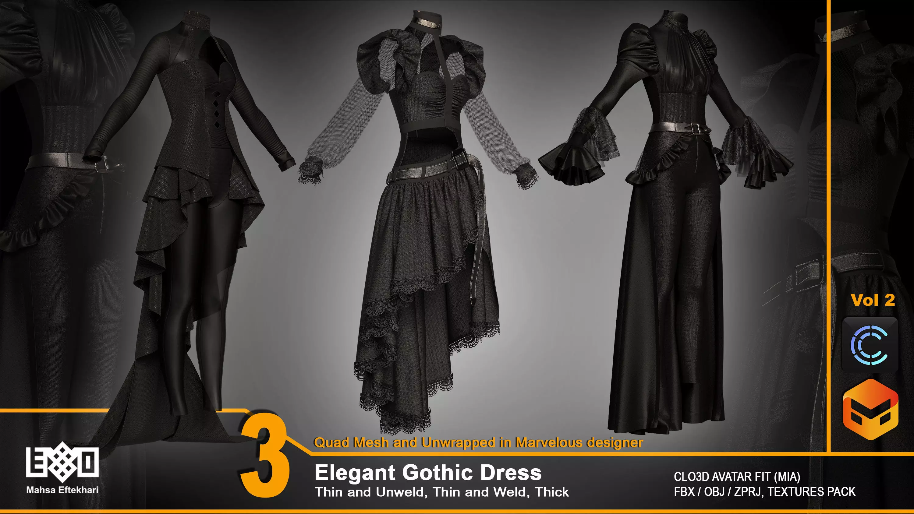 3 Elegant Gothic Dress - VOL2 - ZPRJ-FBX-OBJ Files 3D model