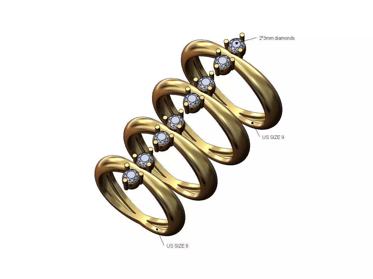 Pinched double dome and diamond ring US sizes 6to9 3D print model