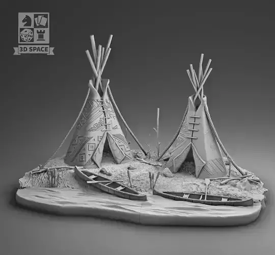 Wigwam and canoe 3D print model