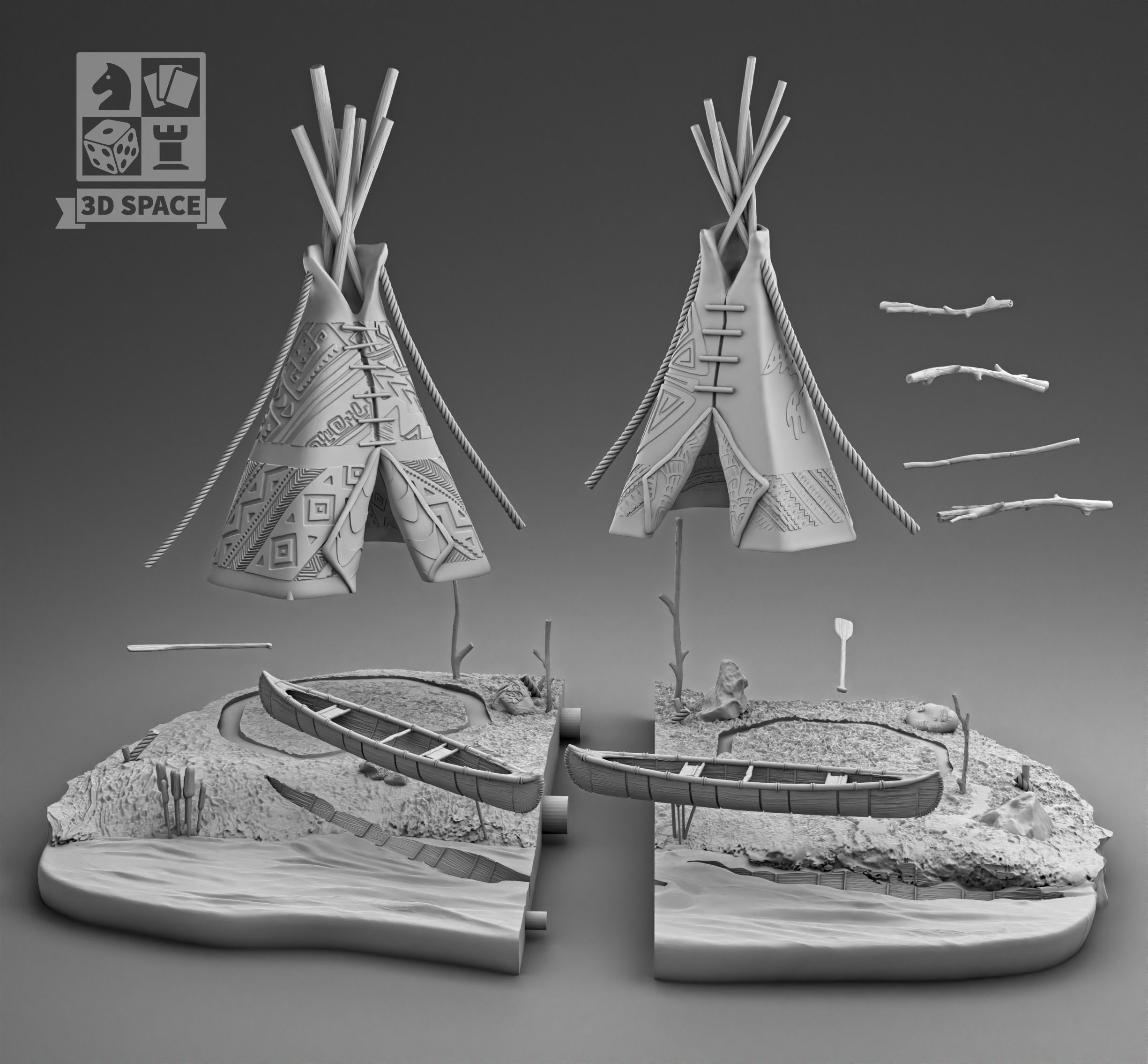 Wigwam and canoe 3D print model_3
