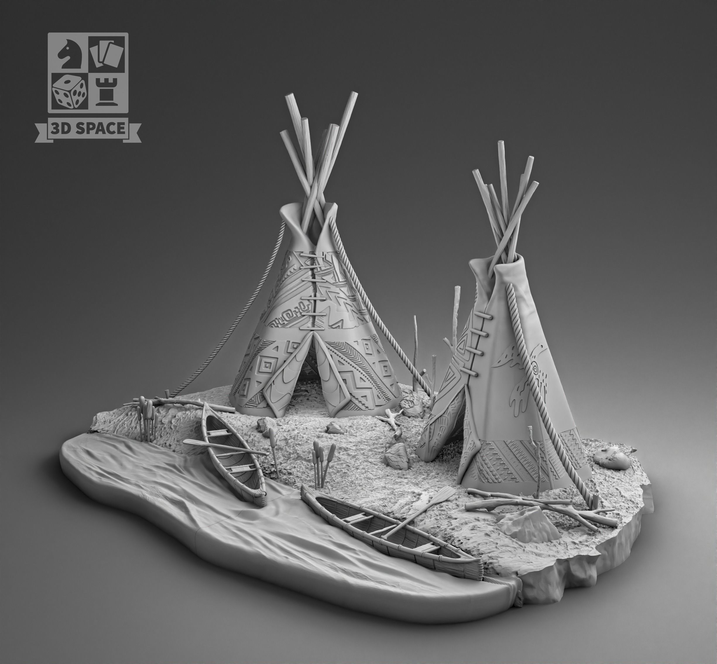 Wigwam and canoe 3D print model_1