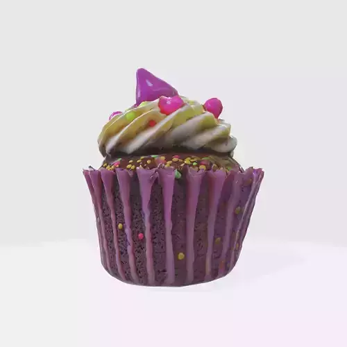 A colorful cupcake with a swirled frosting 