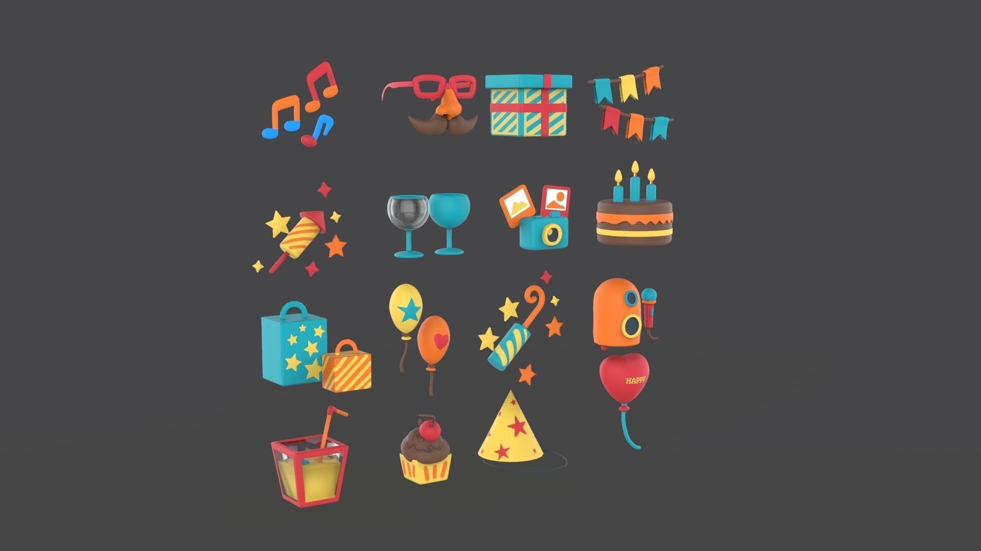 Cartoon Party Icons Pack v001 Low-poly 3D model_11