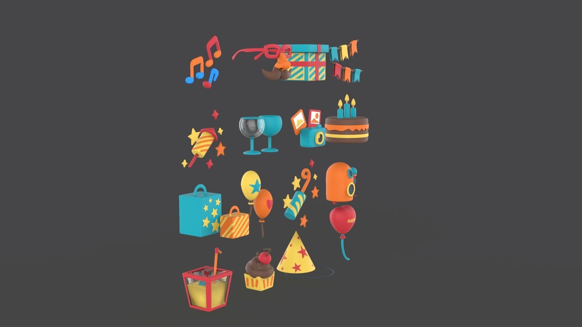 Cartoon Party Icons Pack v001 Low-poly 3D model_10
