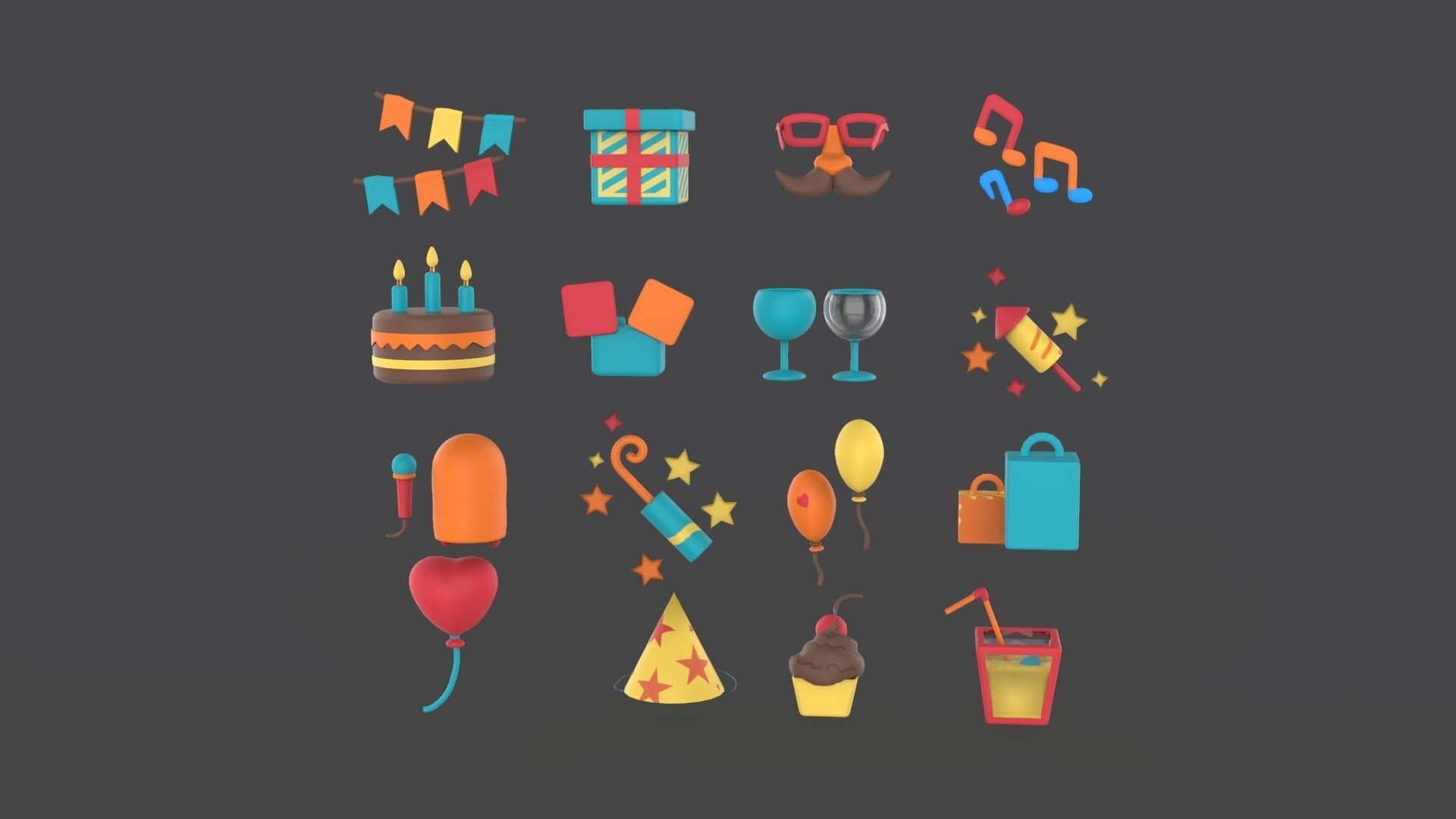 Cartoon Party Icons Pack v001 Low-poly 3D model_2