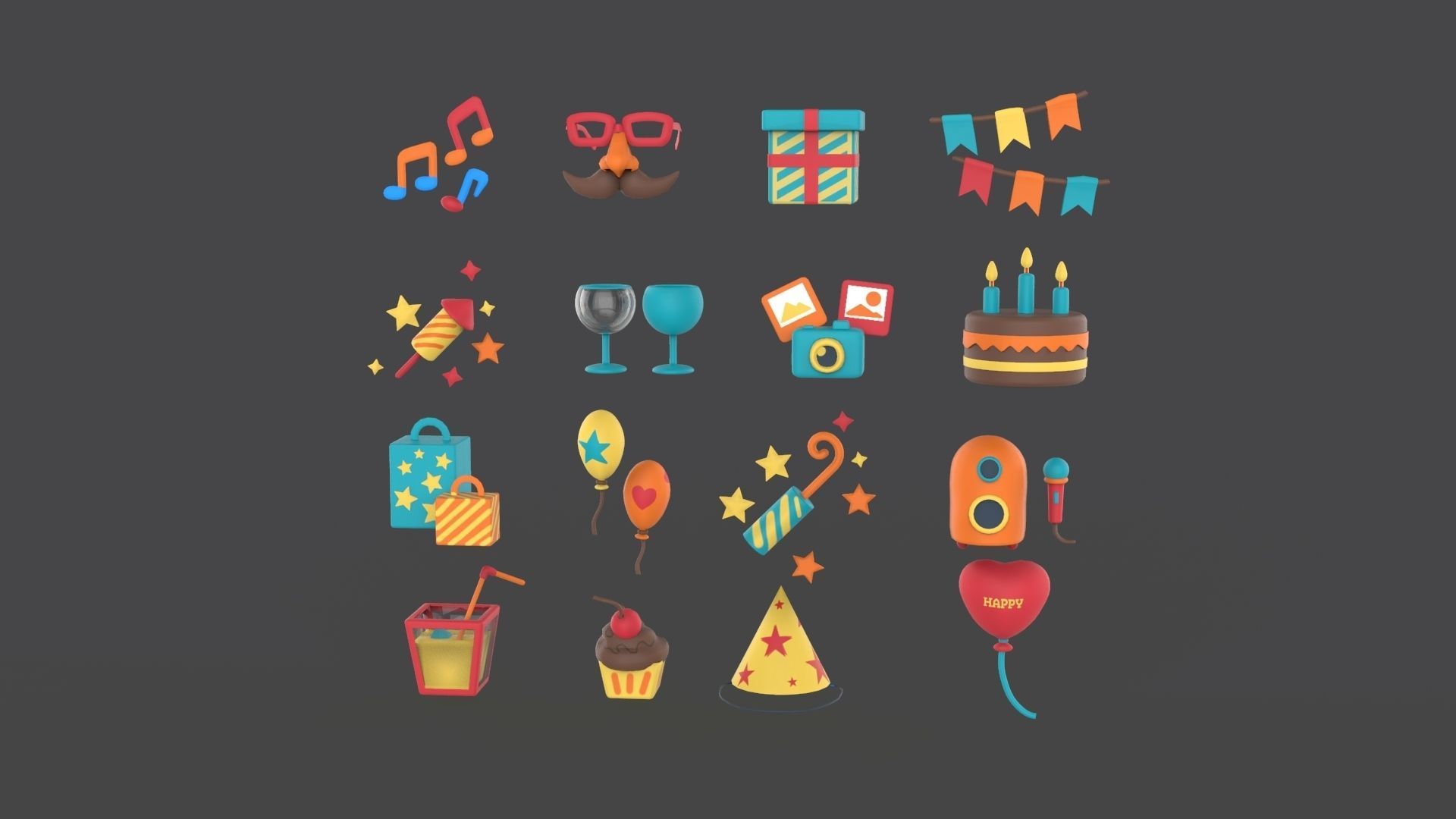 Cartoon Party Icons Pack v001 Low-poly 3D model_13